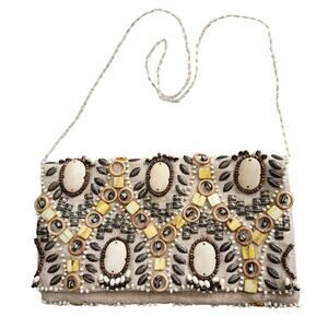 MOYNA Beaded Clutch Shells Cream Beaded Long Strap Boho Evening Purse